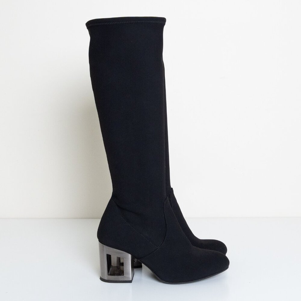Pedro Miralles Black Sock Knee Boots Metal Cut-Out Heel EU 38 - Picture 2 of 12